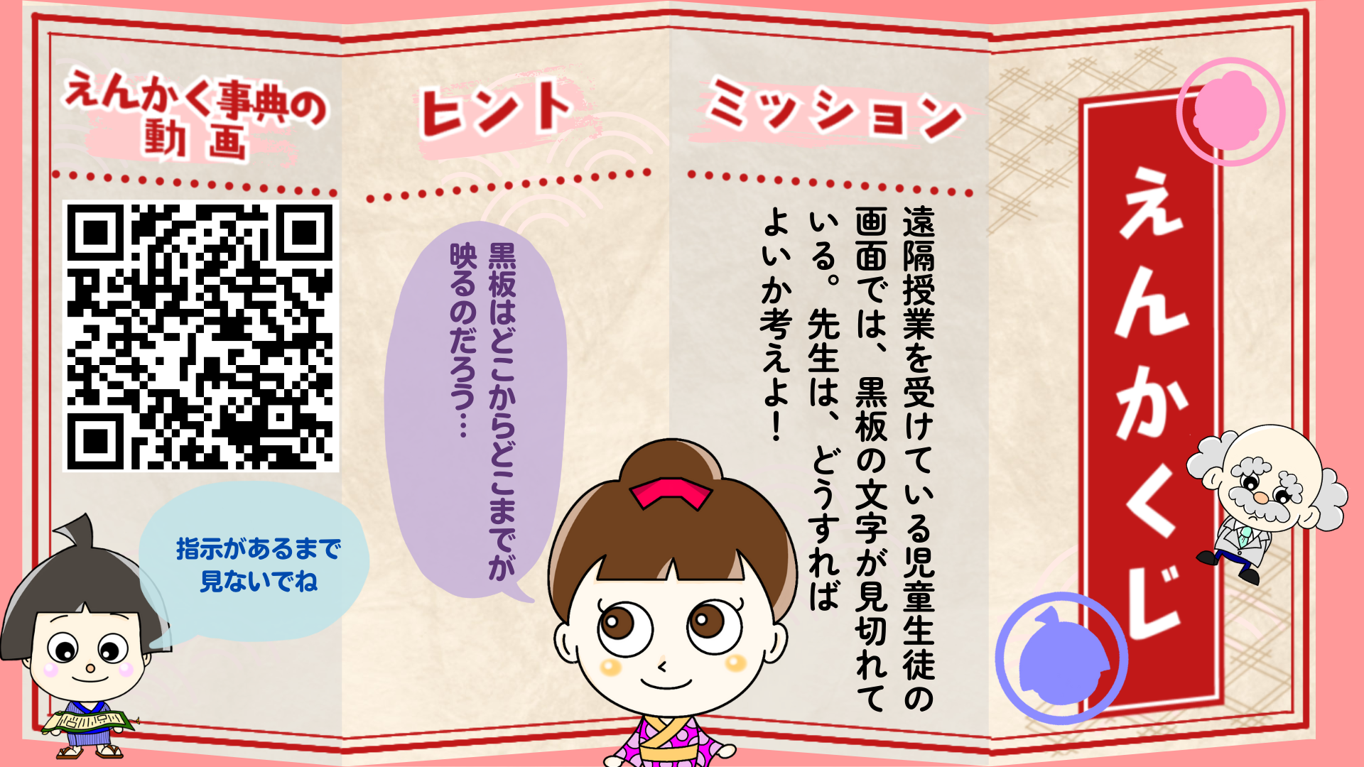 遠隔授業を受けている児童生徒の画面では、黒板の文字が見切れている。どうすればよいか考えよ!